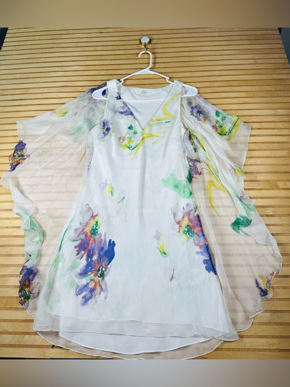 Leon Max Limited Edition 100% Silk Floral Watercolor Dress Cape Sleeve Sz 2
